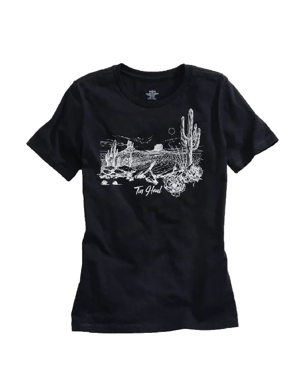 Tin Haul Womens Desert Lines Black 100% Cotton S/S T-Shirt Clothing Brands