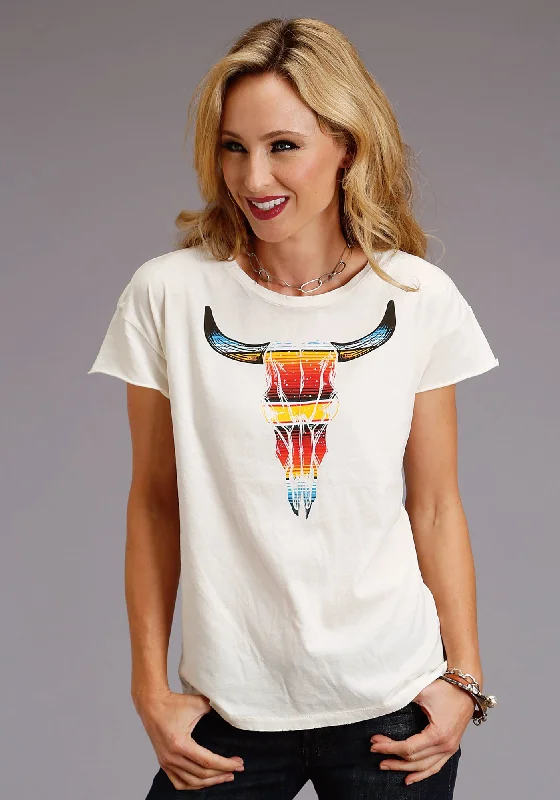 Stetson Womens White 100% Cotton Serape Longhorn S/S T-Shirt Women's Professional Clothes