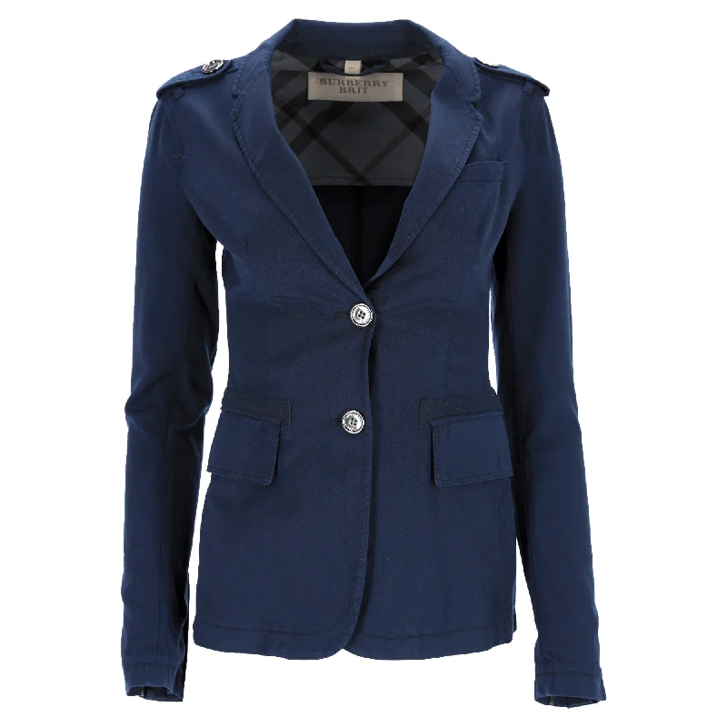 Burberry Brit Single-Breasted Blazer with Pockets in Blue Cotton Denim Comfortable Women's Apparel