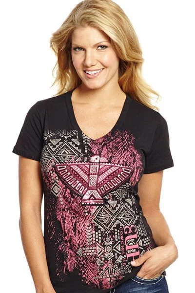 Cowgirl Up Womens Black Cotton S/S T-Shirt Tribal Foil V-Neck Edgy Fashion