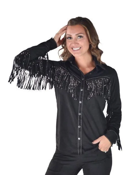 Cowgirl Tuff Womens Crystal Fringe Black Polyester L/S Shirt Women's Chic Outerwear Outfit