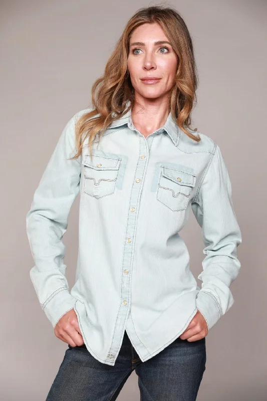 Kimes Ranch Womens Kaycee Top Destroy Denim Cotton Blend L/S Shirt Luxury Women's Fashion