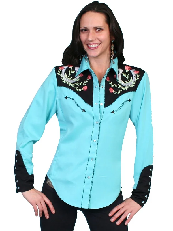 Scully Western Womens Turquoise Polyester L/S Horseshoe Western Shirt Sale Clearance