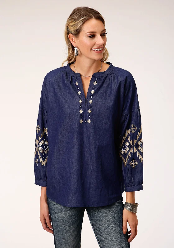 Roper Womens Indigo Denim 100% Cotton Bishop Sleeves S/S Blouse Best Clearance Sales Right Now