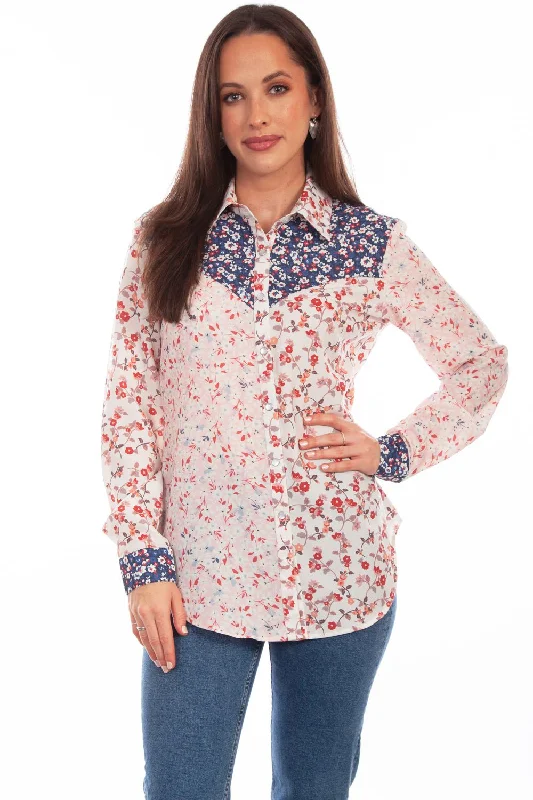 Scully Womens Multi-Fabric Floral Vintage 100% Polyester L/S Shirt Chic Women's Attire