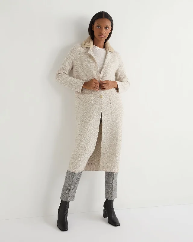 Women's Herringbone Cashmere Coat With Fur Trim Sand Brown Flash Sale Online