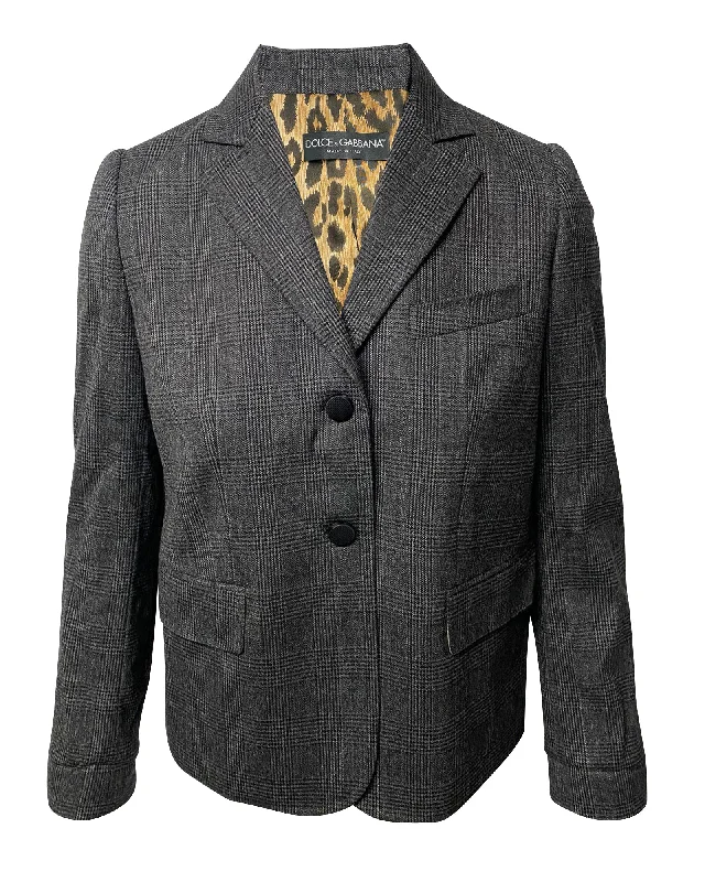 Dolce & Gabbana Single Breasted Leopard Print Lining Blazer In Grey Wool Women's Clothes For Work