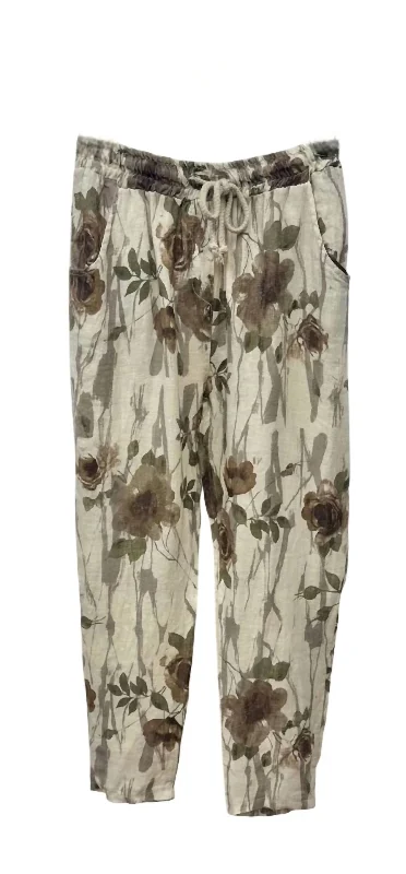 Women's Rose Print Drawstring Joggers In Beige Floral Women's Seasonal Clothes