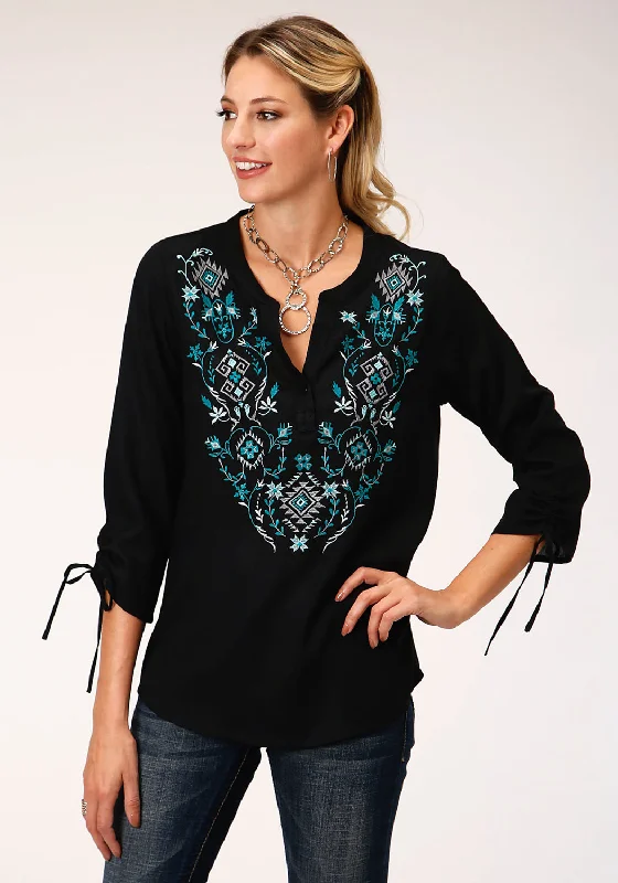 Roper Womens Black Rayon/Nylon Colorful Aztec S/S Blouse Stylish Women's Clothing