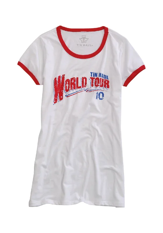 Tin Haul Womens World Tour 10 White/Red 100% Cotton S/S T-Shirt Women's Attire