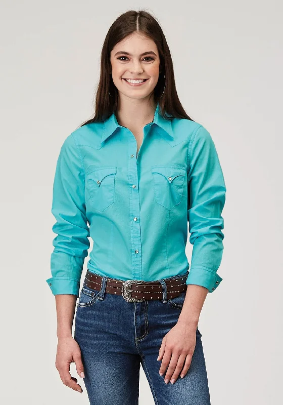 Roper Womens 1916 Solid Poplin Turquoise 100% Cotton L/S Shirt Women's Clothing Outfit Set