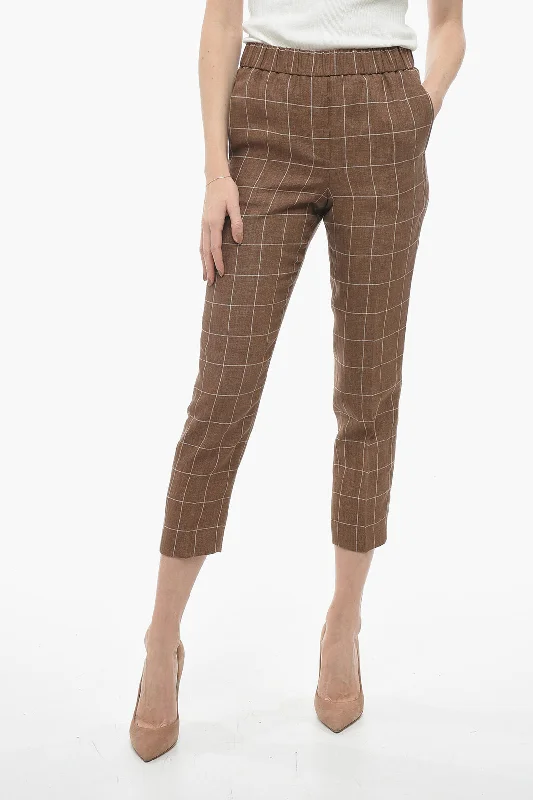 Peserico Windowpane Check Flax Pants with Elastic Waistband Fashion-forward Women's Wear