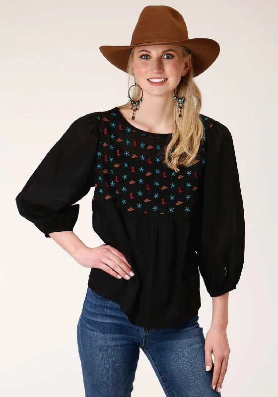 Roper Womens Black 100% Cotton Boots and Stars 3/4 Sleeve Blouse Trendy Boutique Online