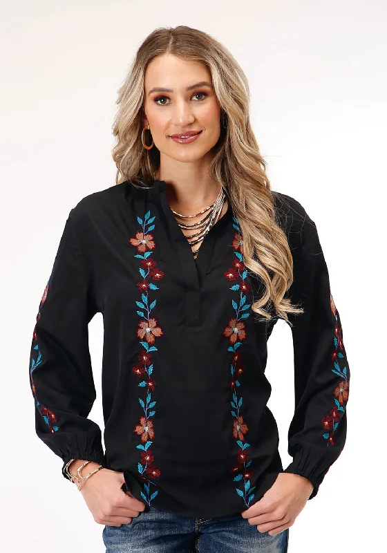 Roper Womens Split-V Floral Black Polyester L/S Blouse Elegant Women's Clothing Online