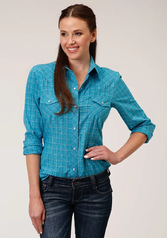 Roper Womens 55/45 Windowpane Turquoise Cotton Blend L/S Shirt Women's Casual Outfit