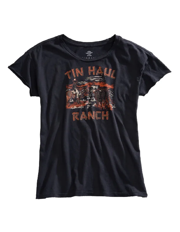 Tin Haul Womens Ranch Scene Grey 100% Cotton S/S T-Shirt Women's Office Attire