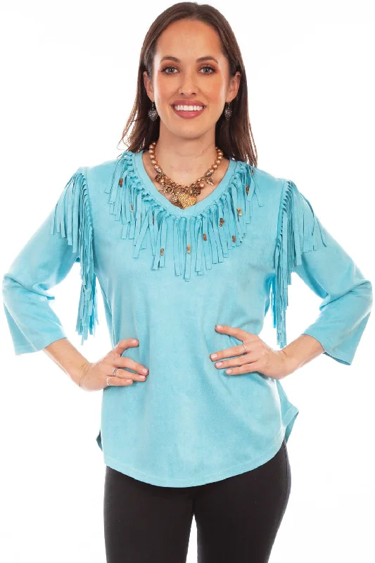 Scully Womens Pullover Fringe Turquoise Poly/Spandex S/S Tunic Women Wear Brands