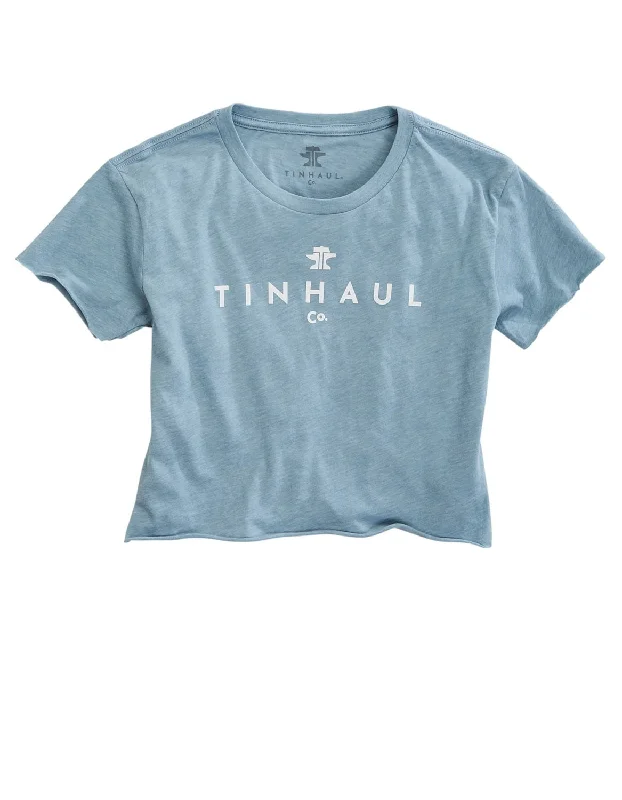 Tin Haul Womens Baby Rib Crop Blue Cotton Blend S/S T-Shirt Casual Garments For Women