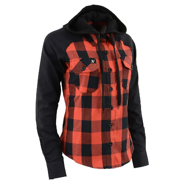 Milwaukee Leather MNG21602 Women's Casual Black and Red Long Sleeve Cotton Flannel Shirt with Hoodie Women Wear Boutique