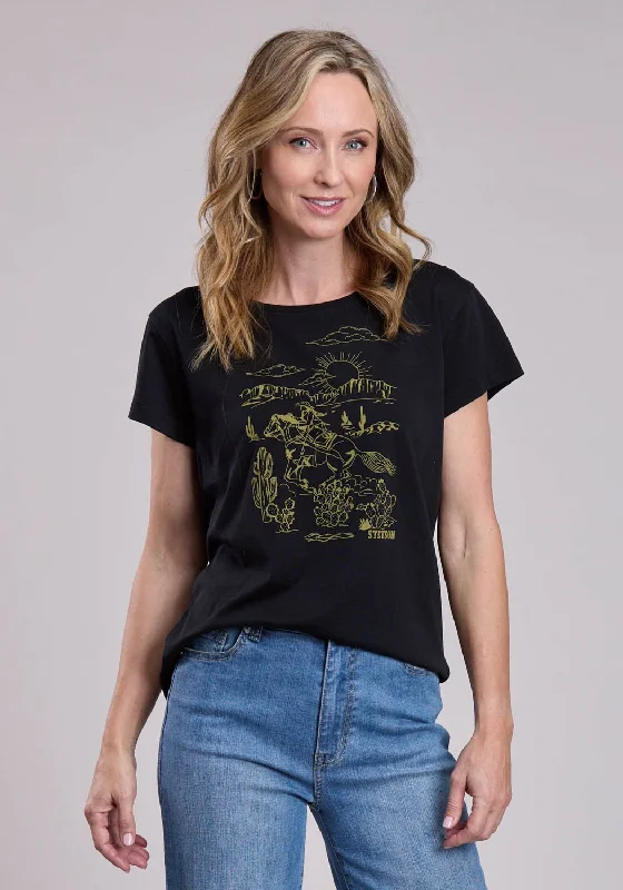 Stetson Womens Vintage Cowgirl Scene Black Cotton Blend S/S T-Shirt Exclusive Women's Fashion Collection