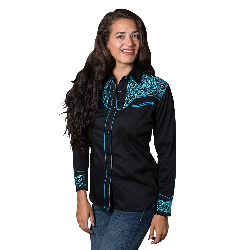 Rockmount Womens Black/Turquoise 100% Cotton Vintage Tooling L/S Shirt Women's Plus-Size Attire