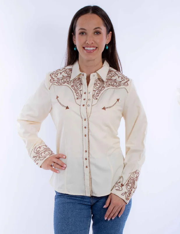 Scully Womens Embroidered Scroll Cream Poly/Rayon L/S Shirt Women's Luxury Attire