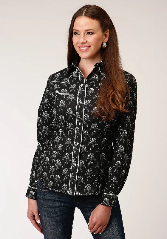 Roper Womens 1200 Floral Print Black/Cream Poly/Cotton Retro L/S Shirt Vintage-Inspired Garments