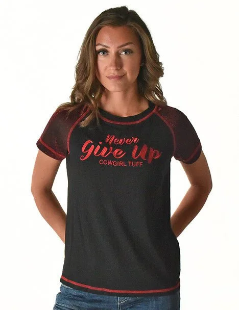 Cowgirl Tuff Womens Never Give Up Shimmer Dark Red Nylon S/S T-Shirt Women's Date Night Outfit