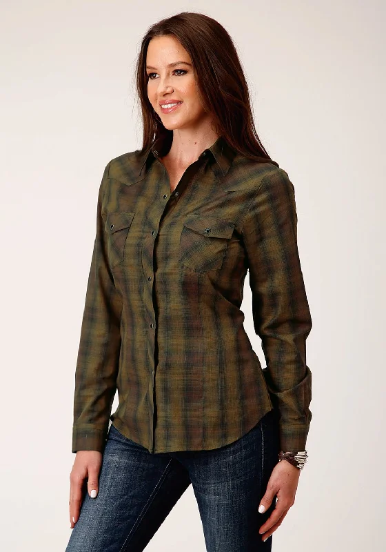 Roper Womens 55/45 Plaid Black/Gold Cotton Blend L/S Shirt Women's Trendy Casual Outfit