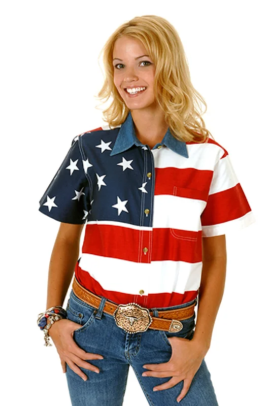 Roper Womens Patriotic Red 100% Cotton S/S Stars Stripes American Flag Shirt Women's Cozy Clothes