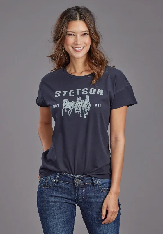 Stetson Womens Running Horses Black 100% Cotton S/S T-Shirt Women's Travel Attire