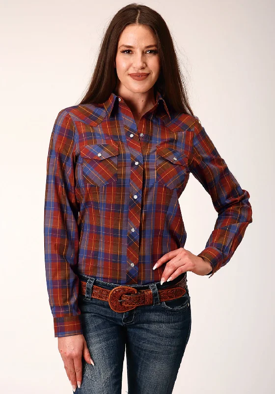 Roper Womens 825 Plaid Wine/Peri Cotton Blend L/S Shirt Women's Casual Garments