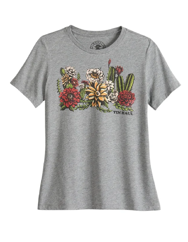 Tin Haul Womens Cactus Garden Grey Cotton Blend S/S T-Shirt Women's Professional Attire