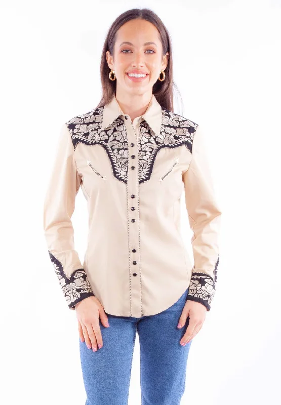 Scully Womens Embroidered Floral Tan Poly/Rayon L/S Shirt Fashion-forward Women's Wear