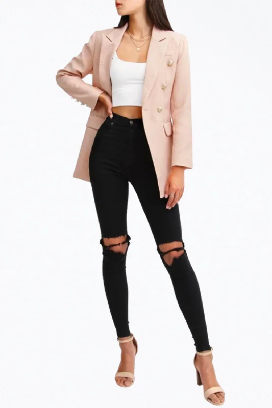 Double-Breasted Textured Woven Blazer In Blush Women's Active Outfit For Fitness