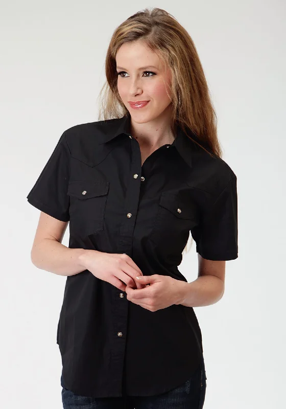 Roper Basics Ladies Black 100% Cotton Solid Poplin S/S Shirt Women's Vintage Clothes