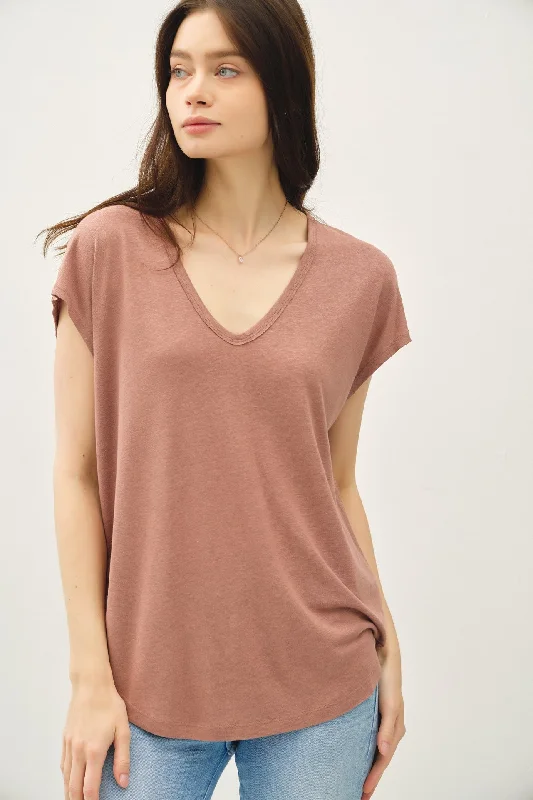 Brown V-Neck Top Fashionable Women's Clothing