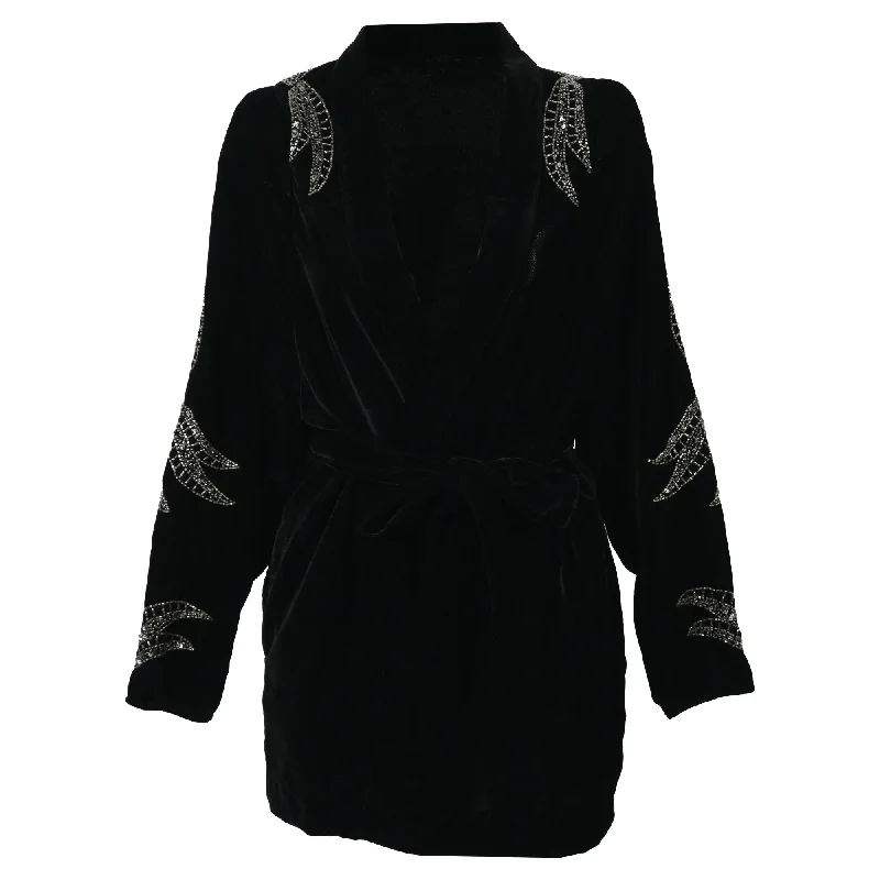 Dodo Bar Or Bead-Embellished Belted Jacket in Black Velvet Women's Sports Apparel