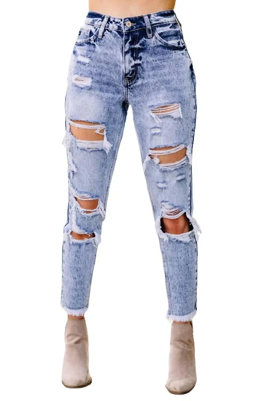 Distressed Mom Jeans In Medium Wash Affordable Women's Clothing