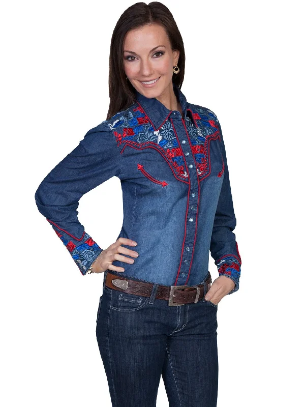 Scully Western Womens Denim Polyester L/S Multi-Floral Western Shirt Sales For Clothes