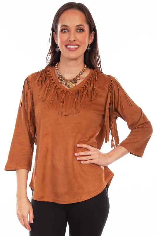 Scully Womens Pullover Fringe Brown Poly/Spandex S/S Tunic Women's Work Outfit For The Office