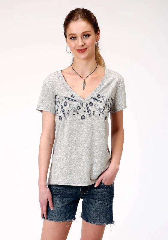 Roper Womens Grey Poly/Rayon Feathers S/S V-Neck T-Shirt Flash Sale Or Flash Sales