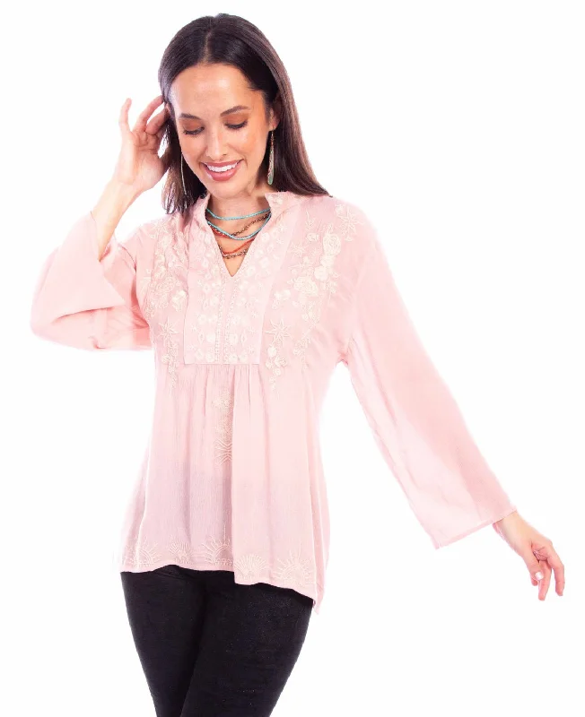 Scully Womens Tonal V-Neck Blush 100% Cotton L/S Blouse Women's Weekend Outfit