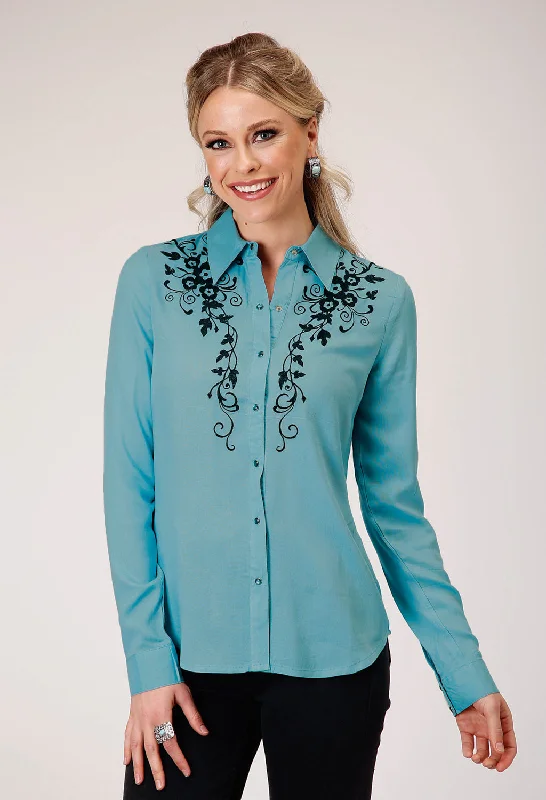 Roper Womens Floral Challis Blue 100% Rayon L/S Blouse Women's Charming Outfit For Events