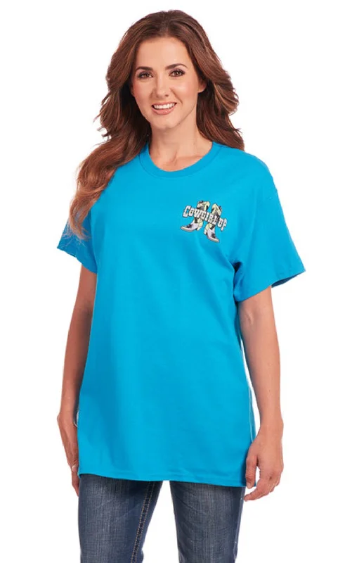 Cowgirl Up Womens Boots Stay On Boyfriend Blue 100% Cotton S/S T-Shirt Online Clothing Stores