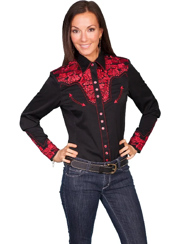 Scully Western Womens Crimson Polyester L/S Floral Stitch Western Shirt Flash Sales Today