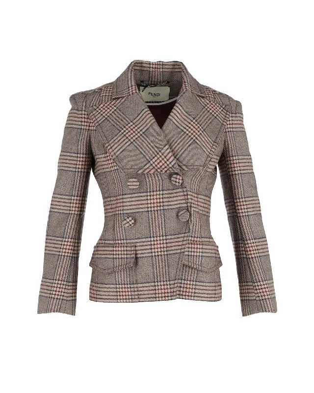 Fendi Double Breasted Prince Of Wales Checked Jacket in Brown Wool Women's Athleisure Apparel