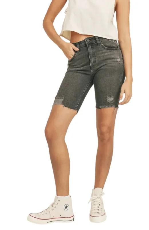 Destroyed Hem Biker Shorts In Black Women's Outfit