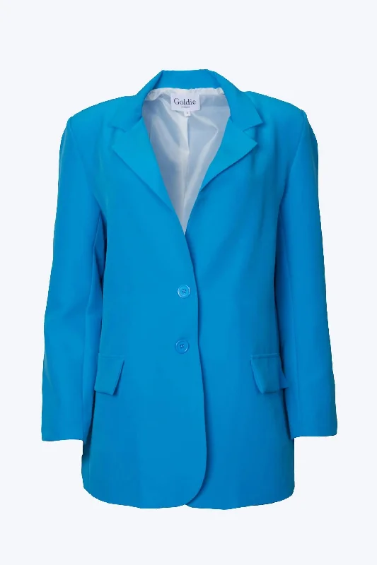 Oversized Single-Breasted Twill Crepe Blazer In Sea Blue Women's Work Outfit For The Office