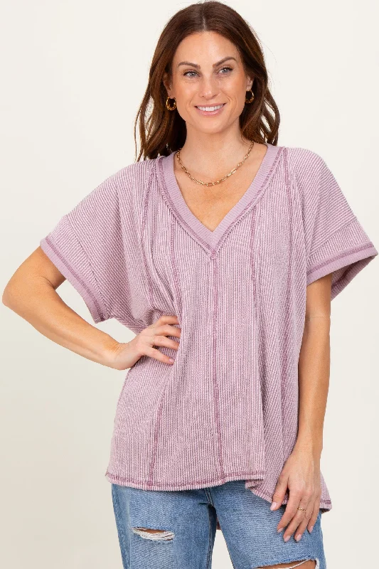 Mauve Striped Ribbed V-Neck Oversized Short Sleeve Top Elegant Clothing For Women